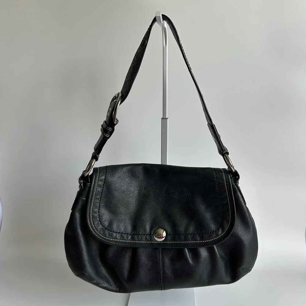 Coach Soho Pleated Flap Black Pebbled Leather Shoulder‎ Bag Good